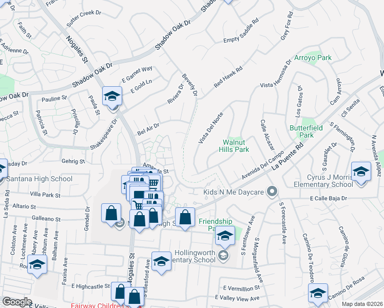 map of restaurants, bars, coffee shops, grocery stores, and more near 329 Vista Del Norte in Walnut