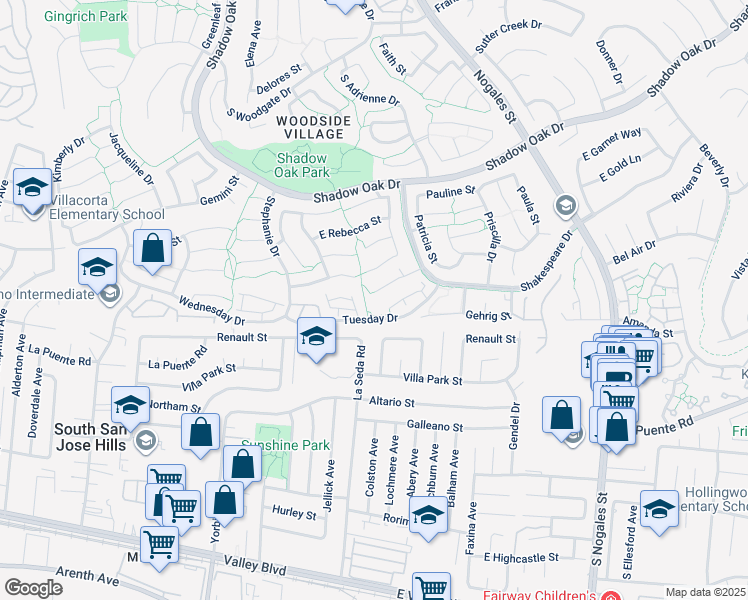map of restaurants, bars, coffee shops, grocery stores, and more near 3728 Missouri Street in West Covina