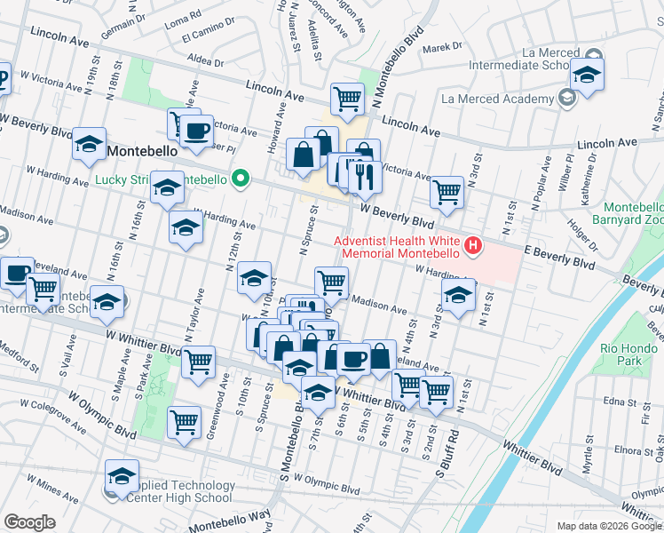 map of restaurants, bars, coffee shops, grocery stores, and more near 305 North Montebello Boulevard in Montebello