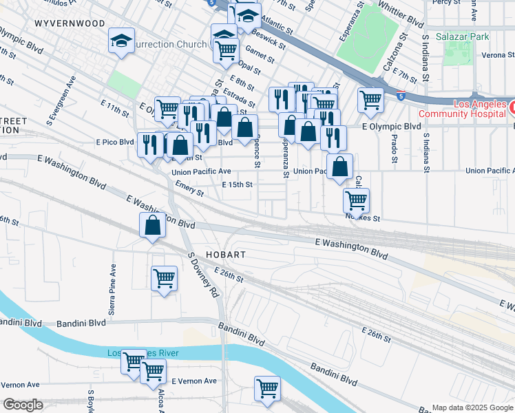 map of restaurants, bars, coffee shops, grocery stores, and more near 1550-1598 Spence Street in Los Angeles