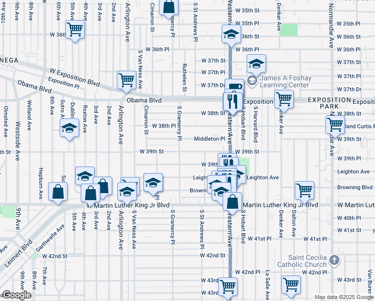 map of restaurants, bars, coffee shops, grocery stores, and more near 1739 West 39th Place in Los Angeles