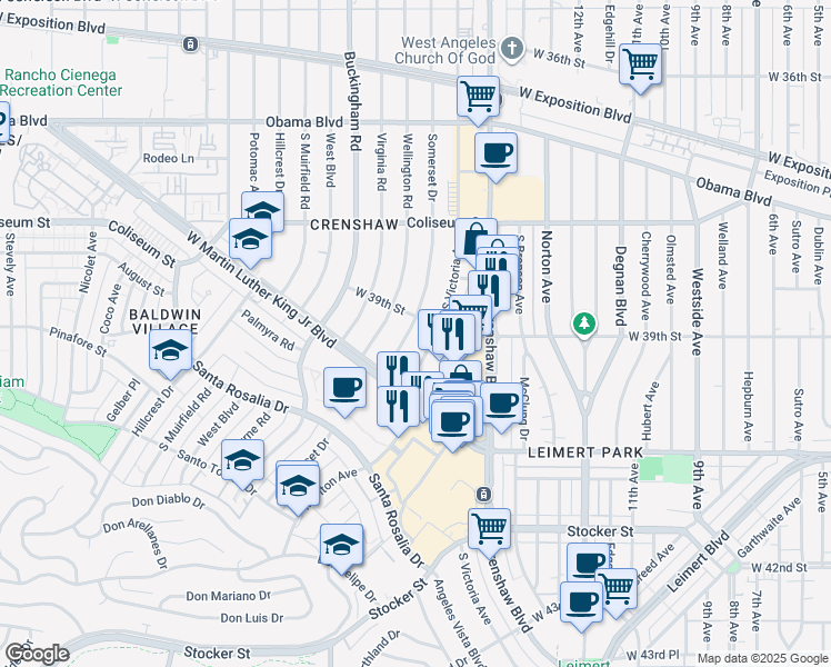 map of restaurants, bars, coffee shops, grocery stores, and more near 3937 South Victoria Avenue in Los Angeles