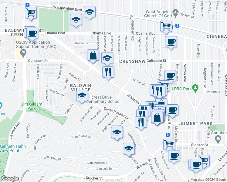 map of restaurants, bars, coffee shops, grocery stores, and more near 4018 Buckingham Road in Los Angeles