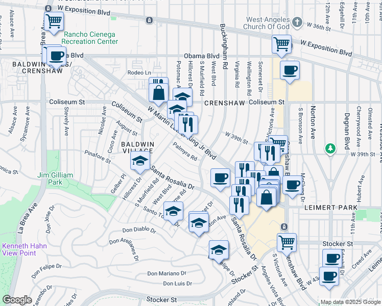 map of restaurants, bars, coffee shops, grocery stores, and more near 4018 Buckingham Road in Los Angeles