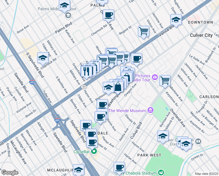 map of restaurants, bars, coffee shops, grocery stores, and more near 10915 Washington Boulevard in Culver City