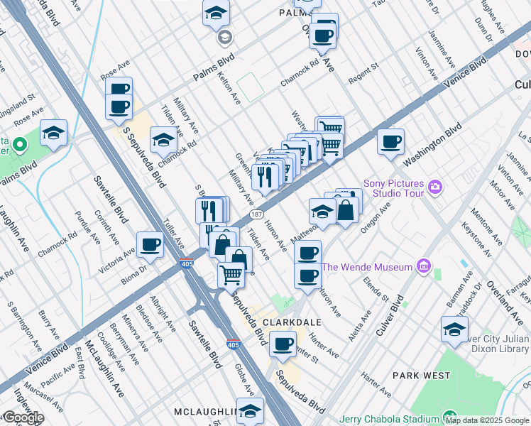 map of restaurants, bars, coffee shops, grocery stores, and more near 3836 Huron Avenue in Culver City