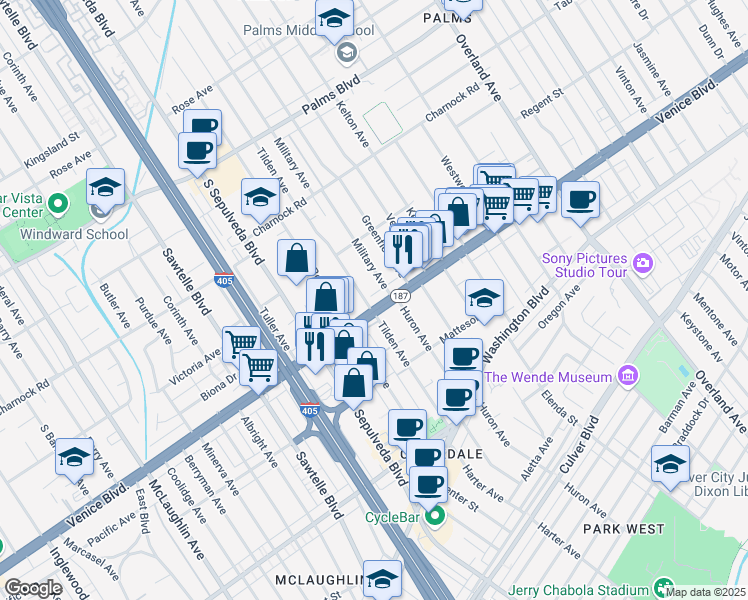 map of restaurants, bars, coffee shops, grocery stores, and more near 11028 Venice Boulevard in Culver City