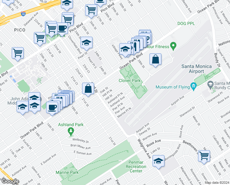 map of restaurants, bars, coffee shops, grocery stores, and more near 2328 Hill Street in Santa Monica