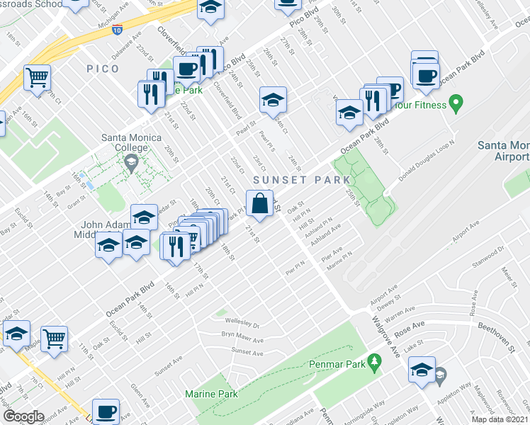 map of restaurants, bars, coffee shops, grocery stores, and more near 2117 Oak Street in Santa Monica