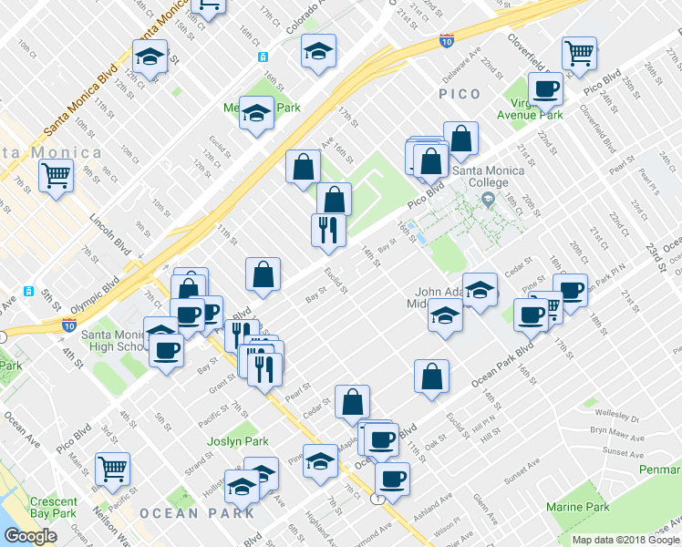 map of restaurants, bars, coffee shops, grocery stores, and more near 1305 Grant Street in Santa Monica