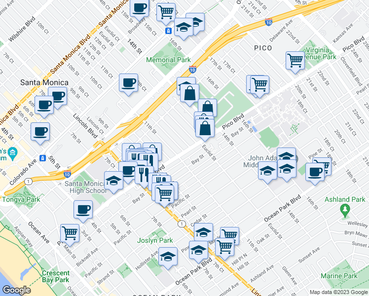 map of restaurants, bars, coffee shops, grocery stores, and more near 1102 Pico Place South in Santa Monica
