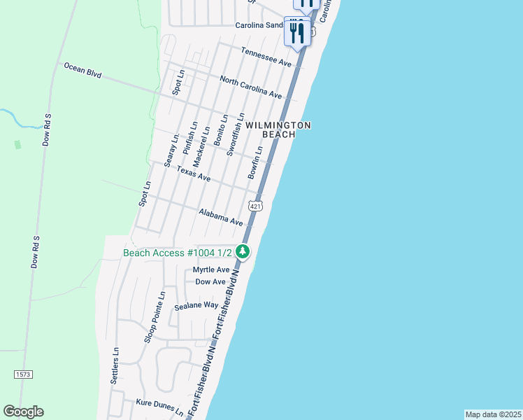 map of restaurants, bars, coffee shops, grocery stores, and more near 1615 Lake Park Boulevard South in Carolina Beach