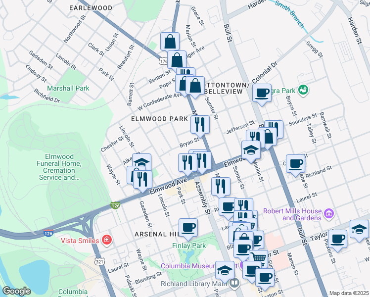 map of restaurants, bars, coffee shops, grocery stores, and more near 1027 Kinard Court in Columbia