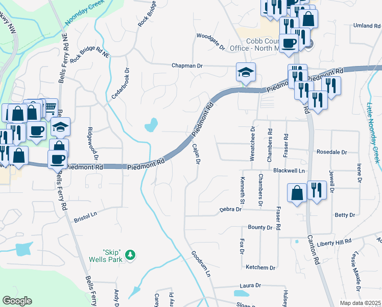 map of restaurants, bars, coffee shops, grocery stores, and more near 2589 Cajun Drive in Marietta