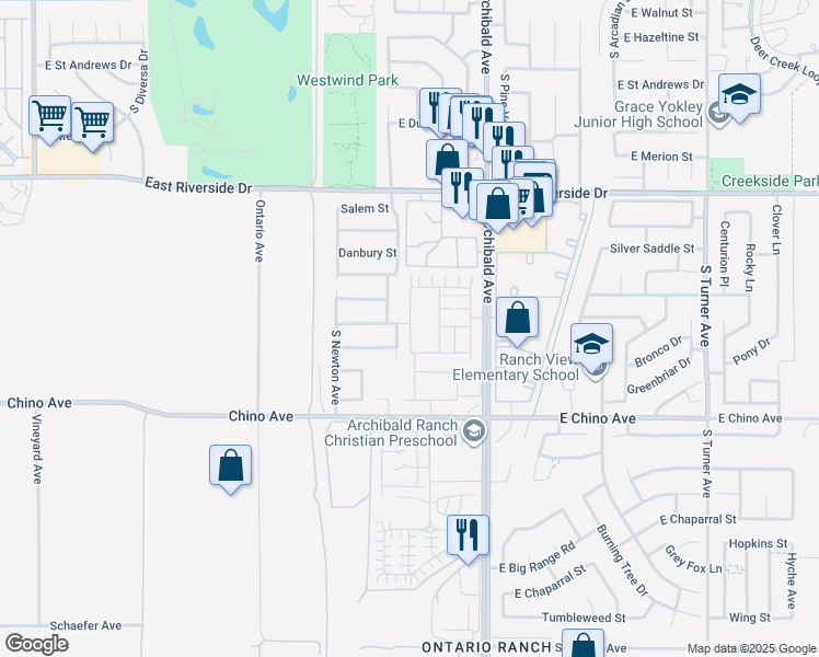 map of restaurants, bars, coffee shops, grocery stores, and more near 3198 South Colonial Avenue in Ontario