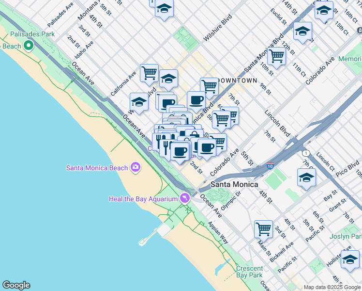 map of restaurants, bars, coffee shops, grocery stores, and more near 1431 Ocean Avenue in Santa Monica
