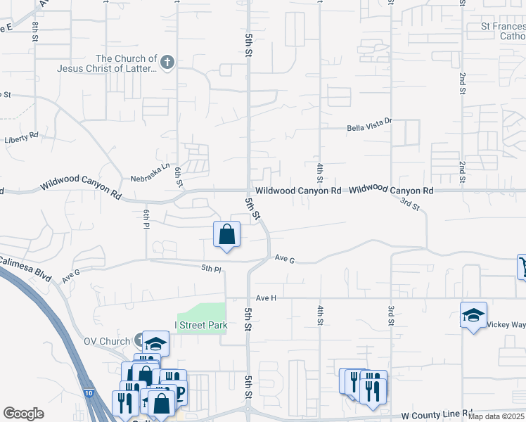 map of restaurants, bars, coffee shops, grocery stores, and more near 13171 5th Street in Yucaipa