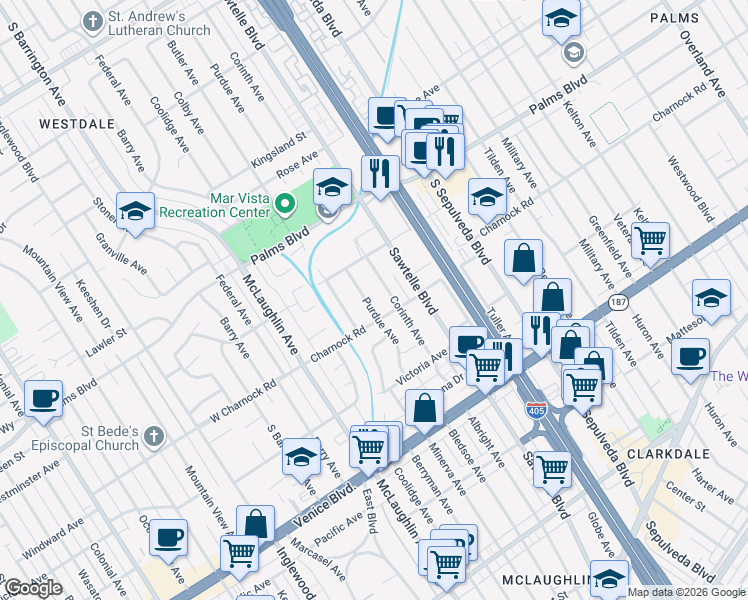 map of restaurants, bars, coffee shops, grocery stores, and more near 3552 Purdue Avenue in Los Angeles