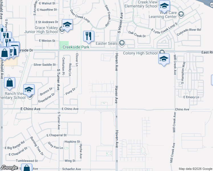 map of restaurants, bars, coffee shops, grocery stores, and more near 3242 South Coral Paseo in Ontario