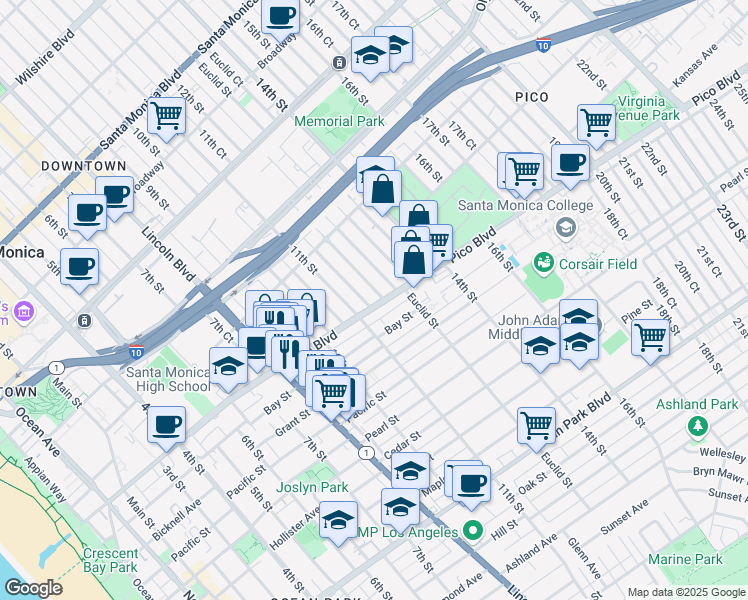 map of restaurants, bars, coffee shops, grocery stores, and more near 1125 Pico Boulevard in Santa Monica