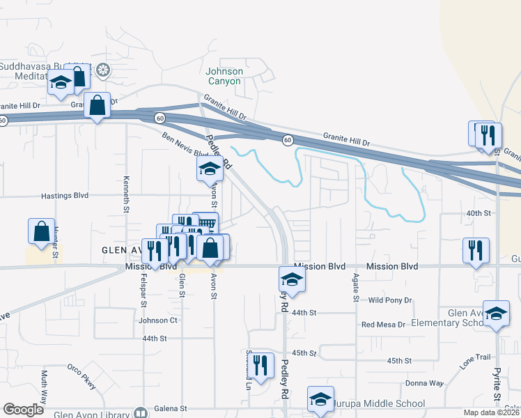map of restaurants, bars, coffee shops, grocery stores, and more near 4041 Pedley Road in Riverside