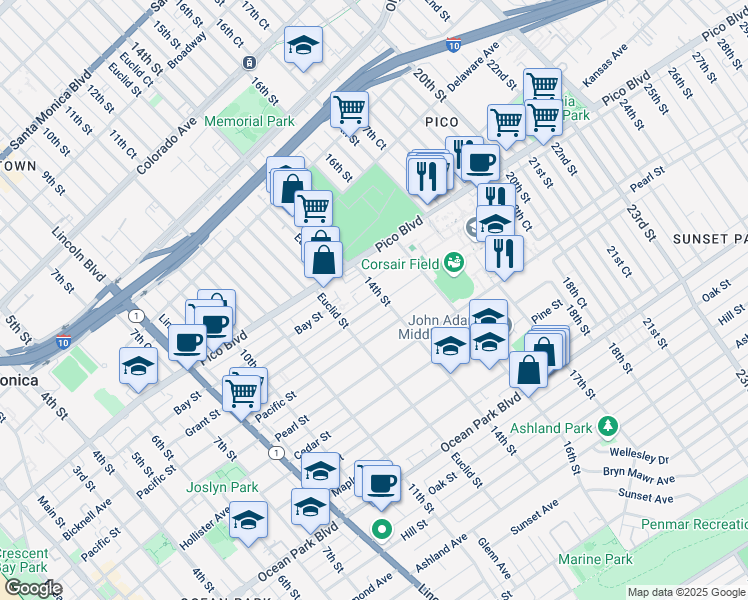map of restaurants, bars, coffee shops, grocery stores, and more near 1345 Pacific Street in Santa Monica