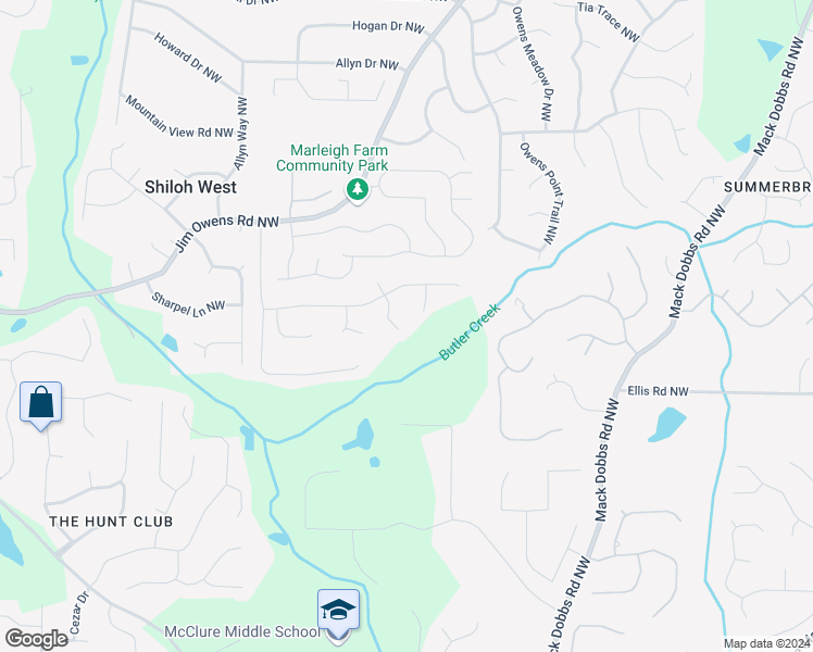 map of restaurants, bars, coffee shops, grocery stores, and more near 2504 Owens Landing Trail Northwest in Kennesaw