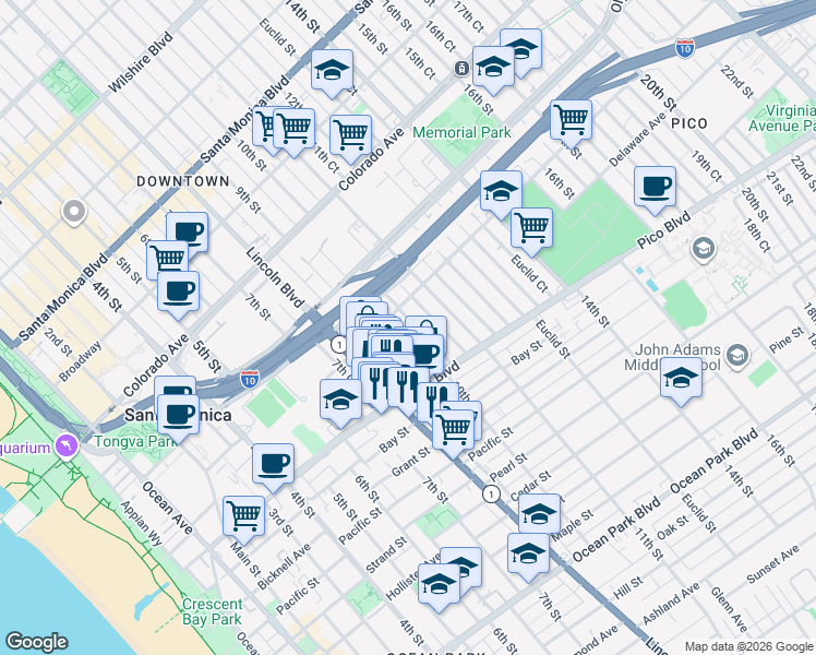 map of restaurants, bars, coffee shops, grocery stores, and more near 1824 10th Street in Santa Monica