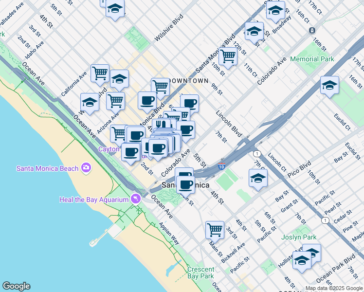 map of restaurants, bars, coffee shops, grocery stores, and more near 1548 5th Street in Santa Monica