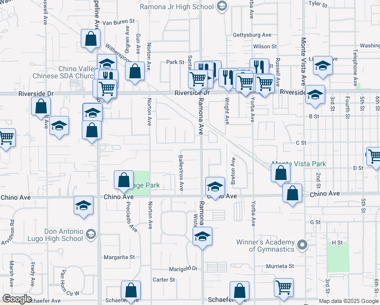 map of restaurants, bars, coffee shops, grocery stores, and more near 4449 Carmen Street in Chino