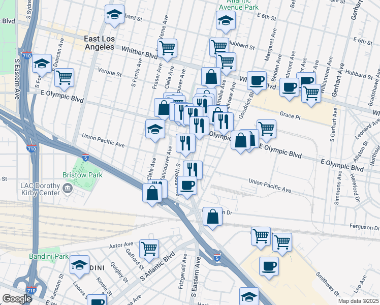 map of restaurants, bars, coffee shops, grocery stores, and more near 1305 South Atlantic Boulevard in East Los Angeles