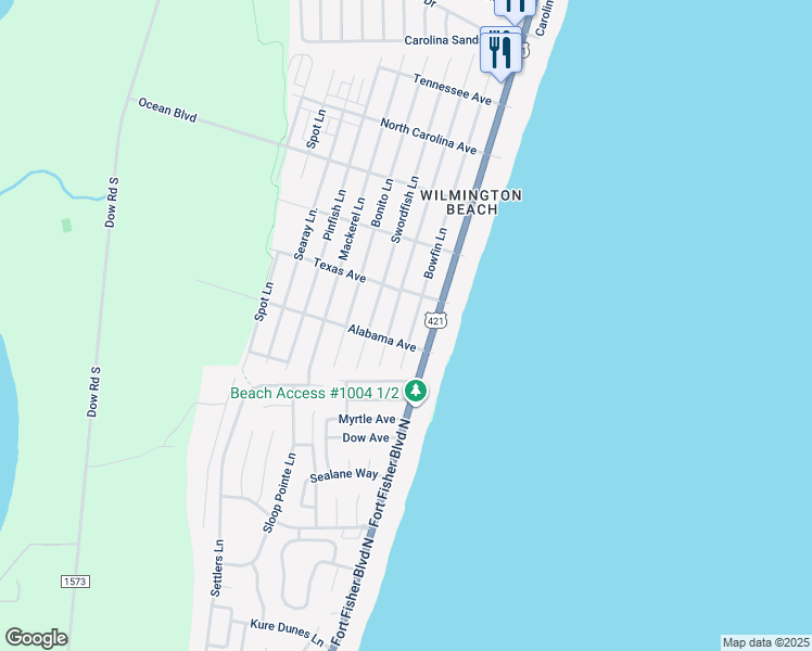 map of restaurants, bars, coffee shops, grocery stores, and more near 1618 Bowfin Lane in Carolina Beach