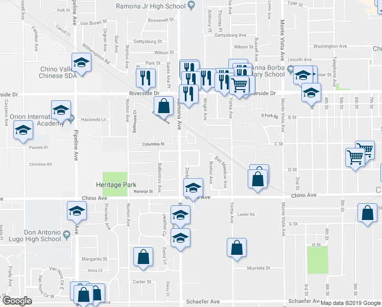 map of restaurants, bars, coffee shops, grocery stores, and more near 4539 Carmen Street in Chino