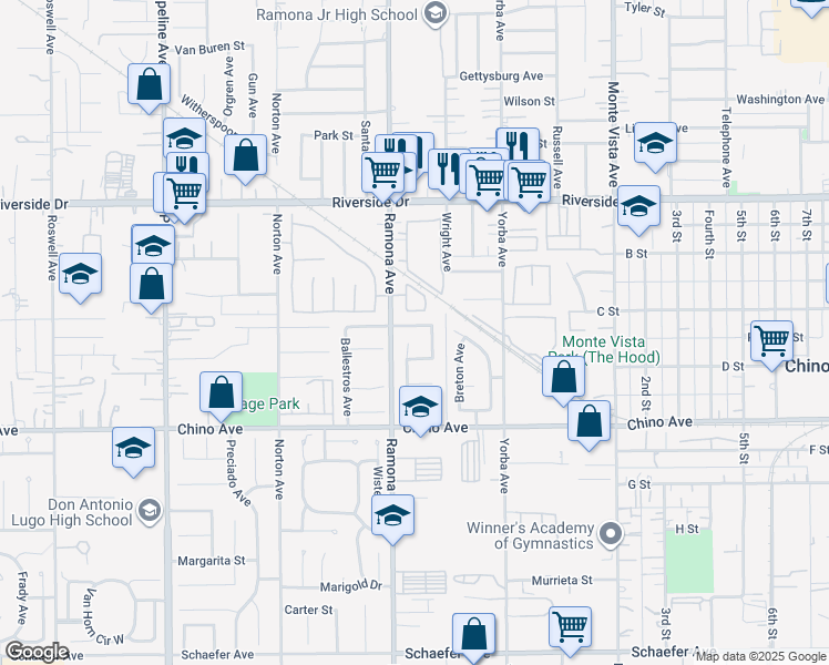 map of restaurants, bars, coffee shops, grocery stores, and more near 4539 Carmen Street in Chino