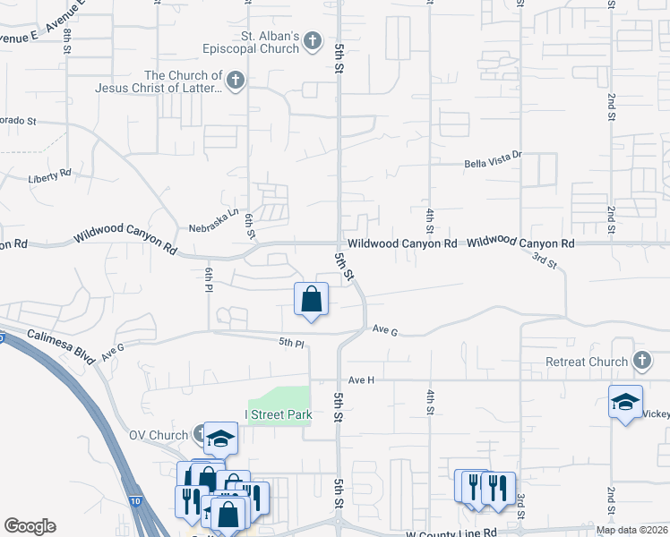 map of restaurants, bars, coffee shops, grocery stores, and more near 34259 Wildwood Canyon Road in Yucaipa