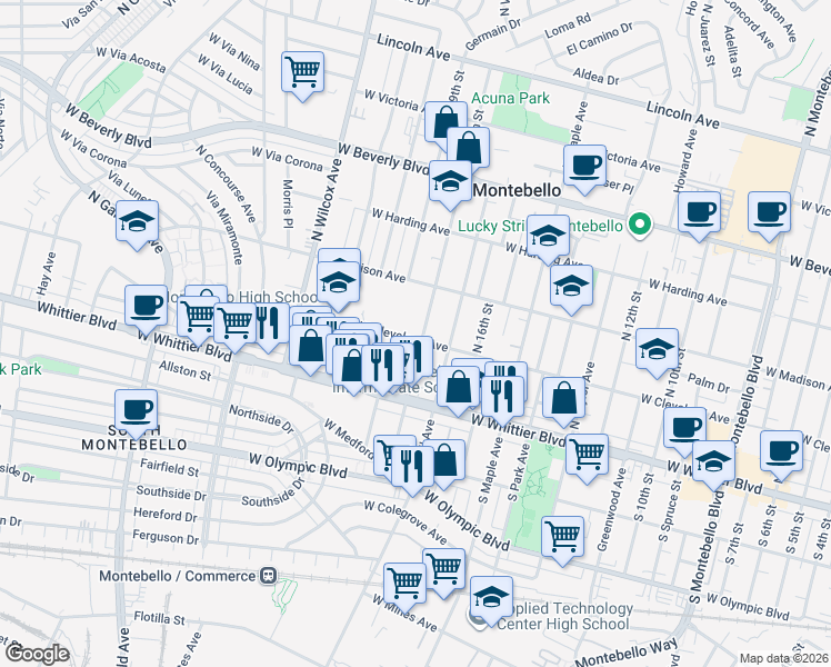 map of restaurants, bars, coffee shops, grocery stores, and more near 205 North 18th Street in Montebello