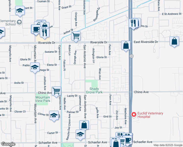 map of restaurants, bars, coffee shops, grocery stores, and more near 13105 Nighthawk Court in Chino