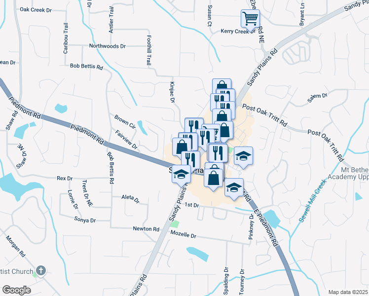 map of restaurants, bars, coffee shops, grocery stores, and more near 2621 Sandy Plains Road in Marietta