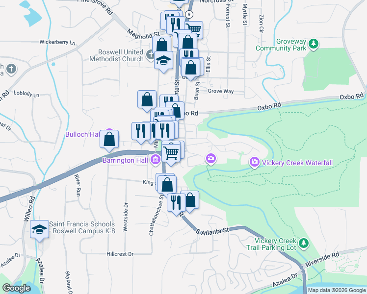 map of restaurants, bars, coffee shops, grocery stores, and more near 34 Sloan Street in Roswell