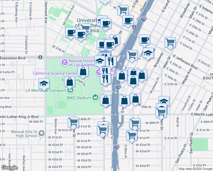 map of restaurants, bars, coffee shops, grocery stores, and more near 3830 South Figueroa Street in Los Angeles