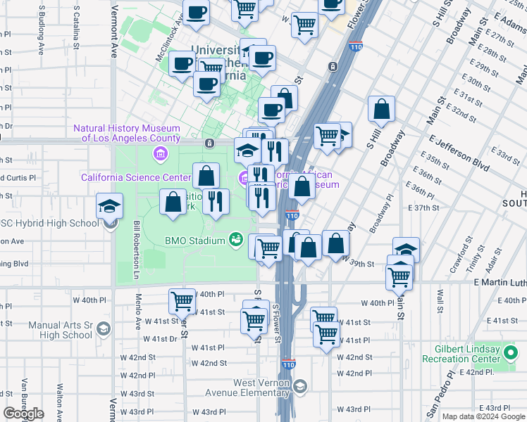 map of restaurants, bars, coffee shops, grocery stores, and more near 3830 South Figueroa Street in Los Angeles