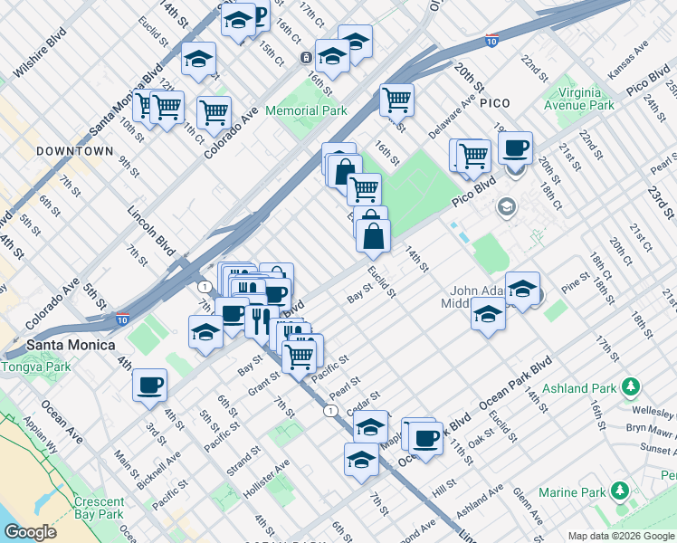 map of restaurants, bars, coffee shops, grocery stores, and more near 1125 Pico Boulevard in Santa Monica