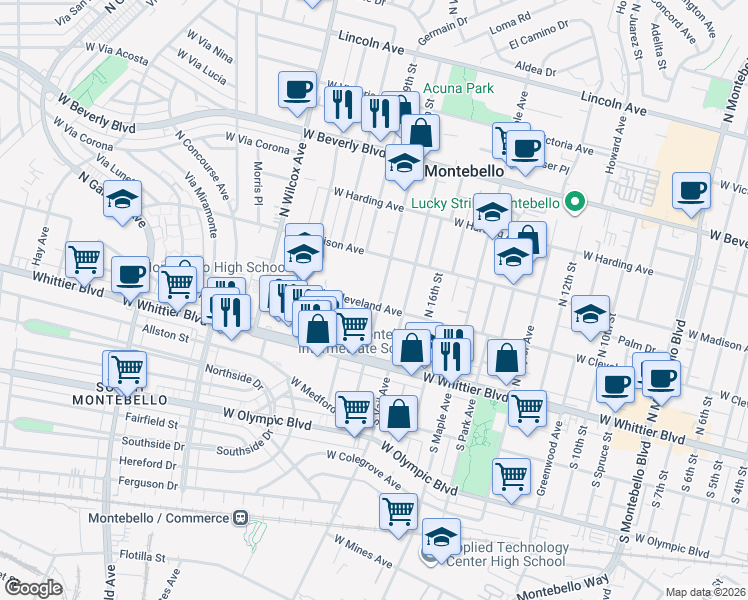 map of restaurants, bars, coffee shops, grocery stores, and more near 205 North 18th Street in Montebello