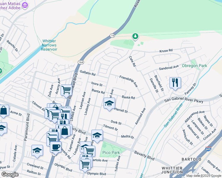 map of restaurants, bars, coffee shops, grocery stores, and more near 4003 Gangel Avenue in Pico Rivera