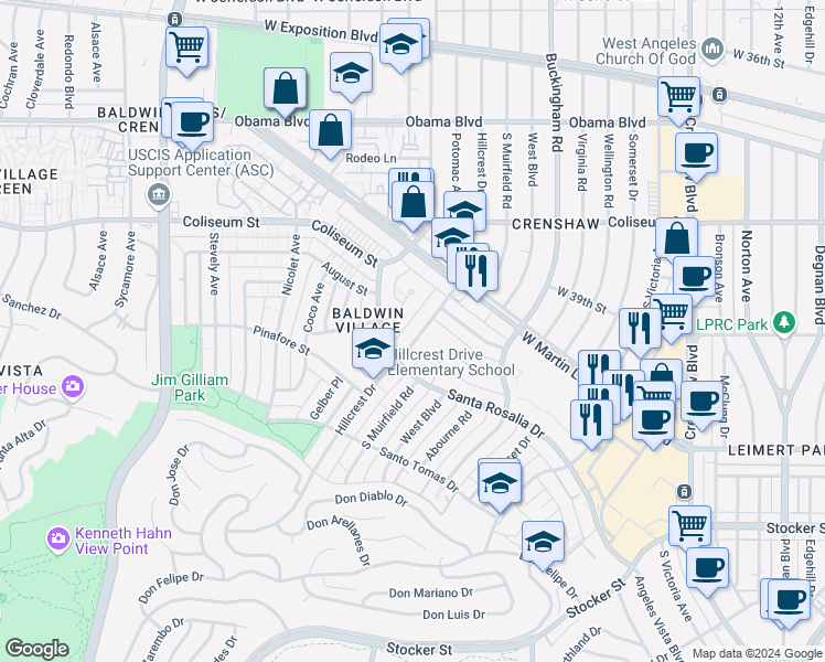 map of restaurants, bars, coffee shops, grocery stores, and more near 3961 Hillcrest Drive in Los Angeles