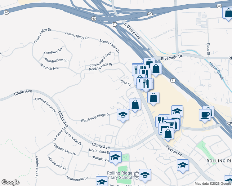map of restaurants, bars, coffee shops, grocery stores, and more near 13133 Le Parc Boulevard in Chino Hills