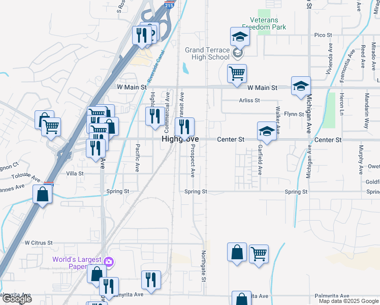 map of restaurants, bars, coffee shops, grocery stores, and more near 375 Prospect Avenue in Riverside