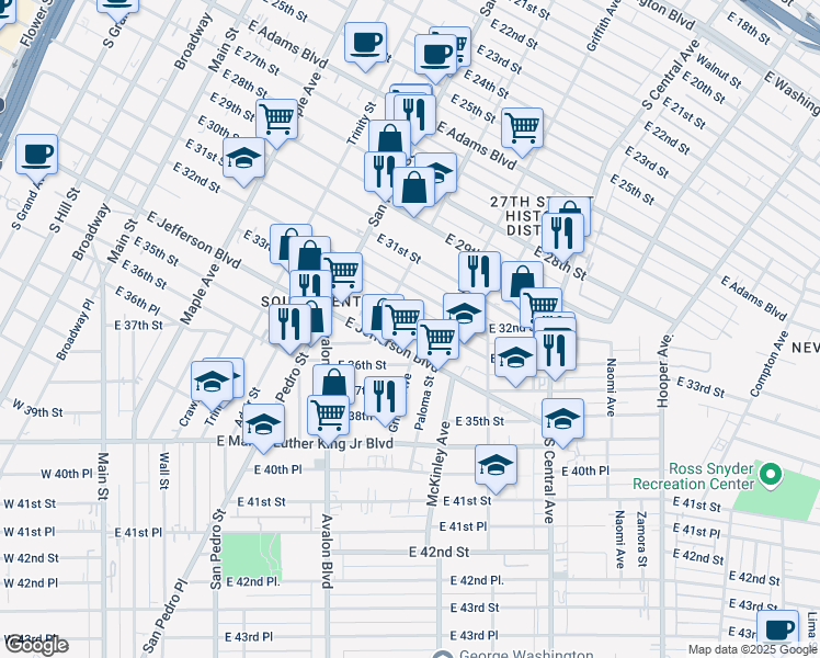 map of restaurants, bars, coffee shops, grocery stores, and more near 828 East 33rd Street in Los Angeles