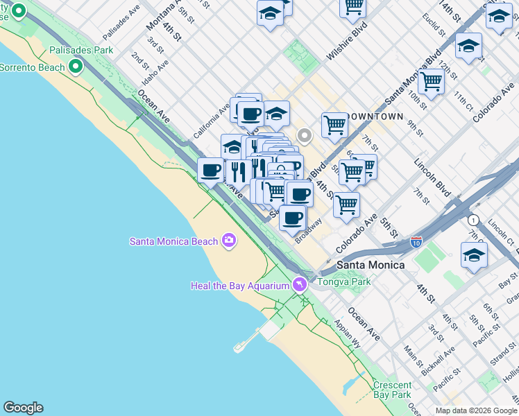 map of restaurants, bars, coffee shops, grocery stores, and more near 1322 2nd Street in Santa Monica