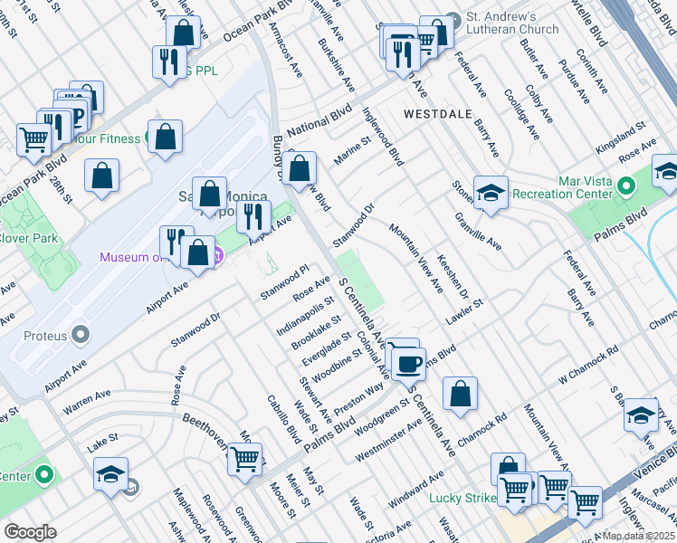 map of restaurants, bars, coffee shops, grocery stores, and more near S Centinela Ave & Rose Ave in Los Angeles